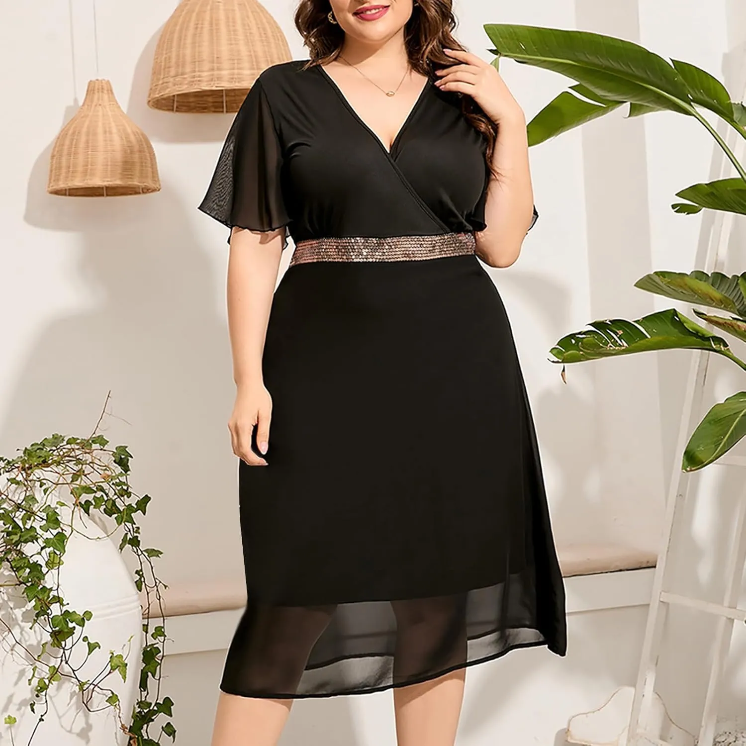Womens Plus Size Midi Dresses Fashion Summer Beach Casual Sundress V-Neck Short Sleeves Mesh Pachwork Swing Dress