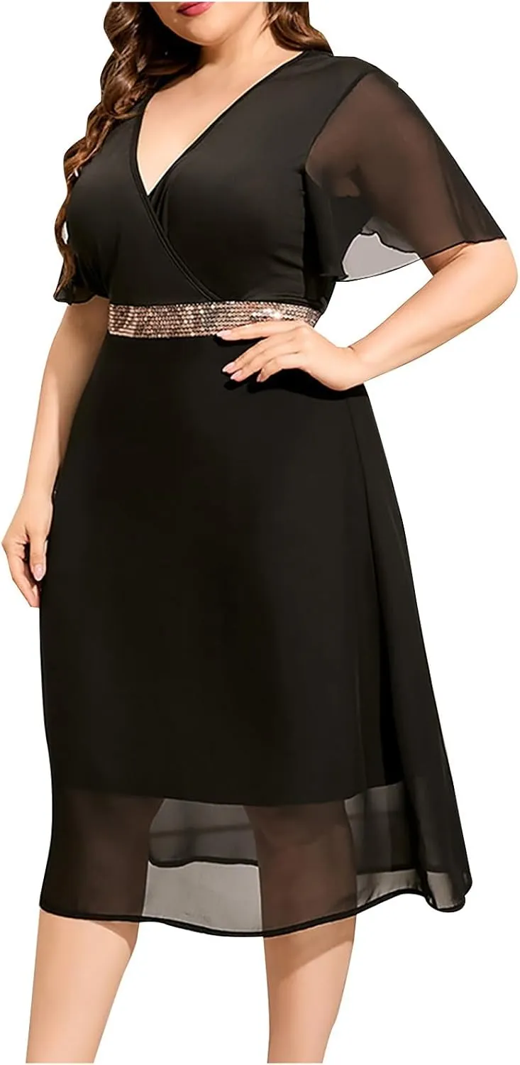 Womens Plus Size Midi Dresses Fashion Summer Beach Casual Sundress V-Neck Short Sleeves Mesh Pachwork Swing Dress