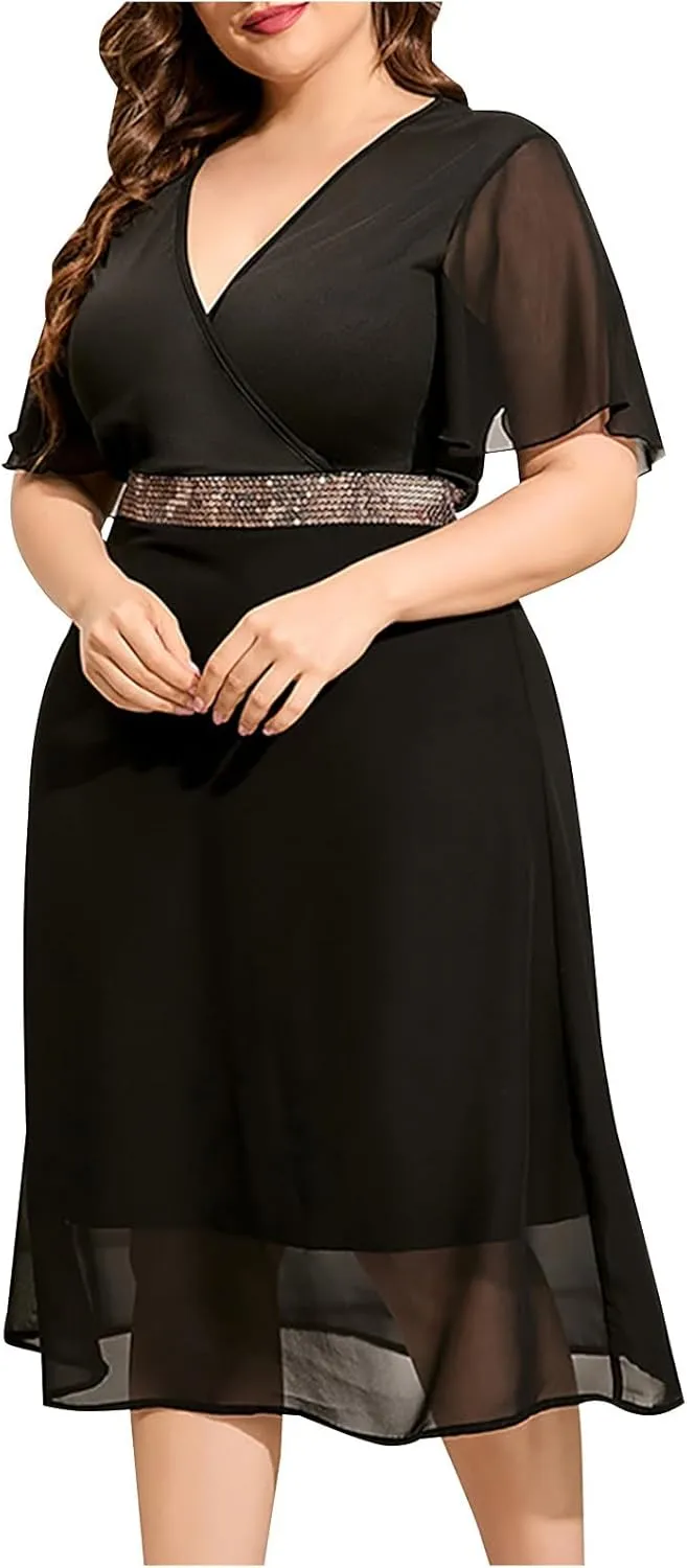 Womens Plus Size Midi Dresses Fashion Summer Beach Casual Sundress V-Neck Short Sleeves Mesh Pachwork Swing Dress
