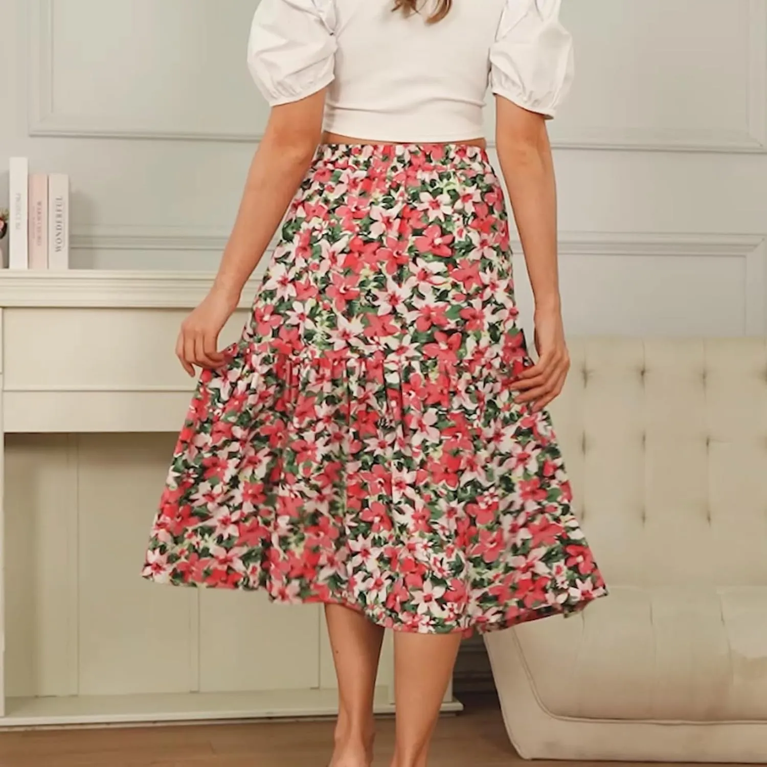 Women's Printed Skirt with Elastic Waist Broken Pleated Skirt with Pockets in Spring Summer and Autumn