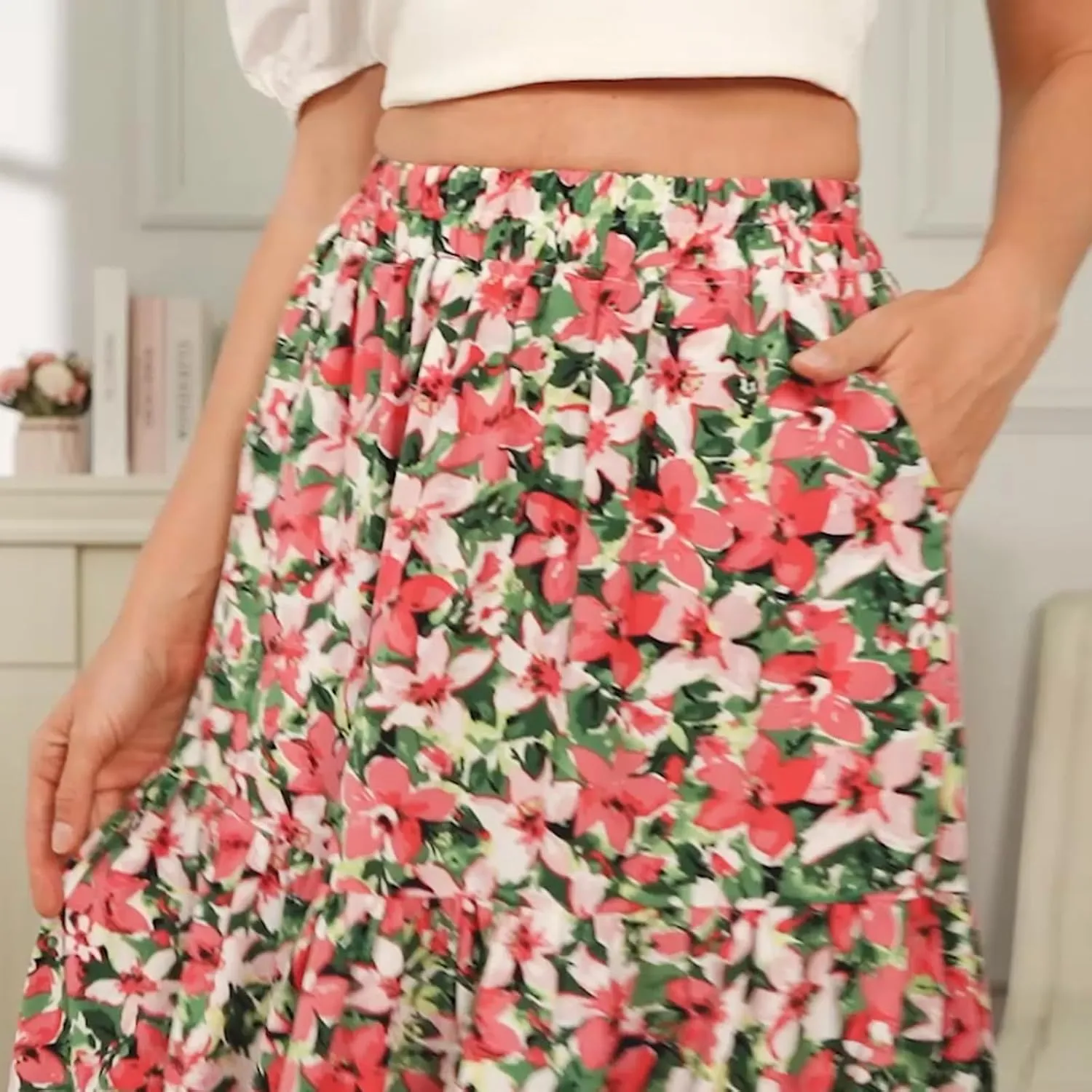 Women's Printed Skirt with Elastic Waist Broken Pleated Skirt with Pockets in Spring Summer and Autumn