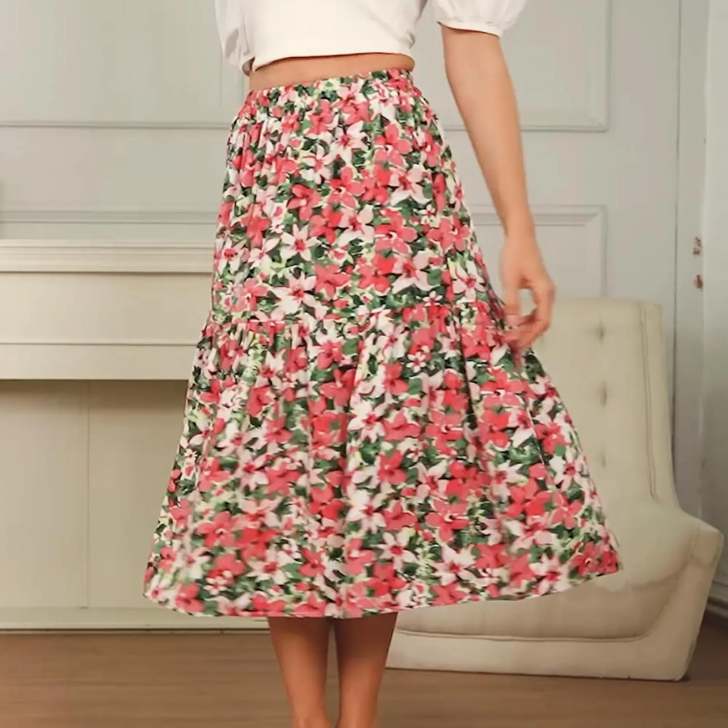 Women's Printed Skirt with Elastic Waist Broken Pleated Skirt with Pockets in Spring Summer and Autumn