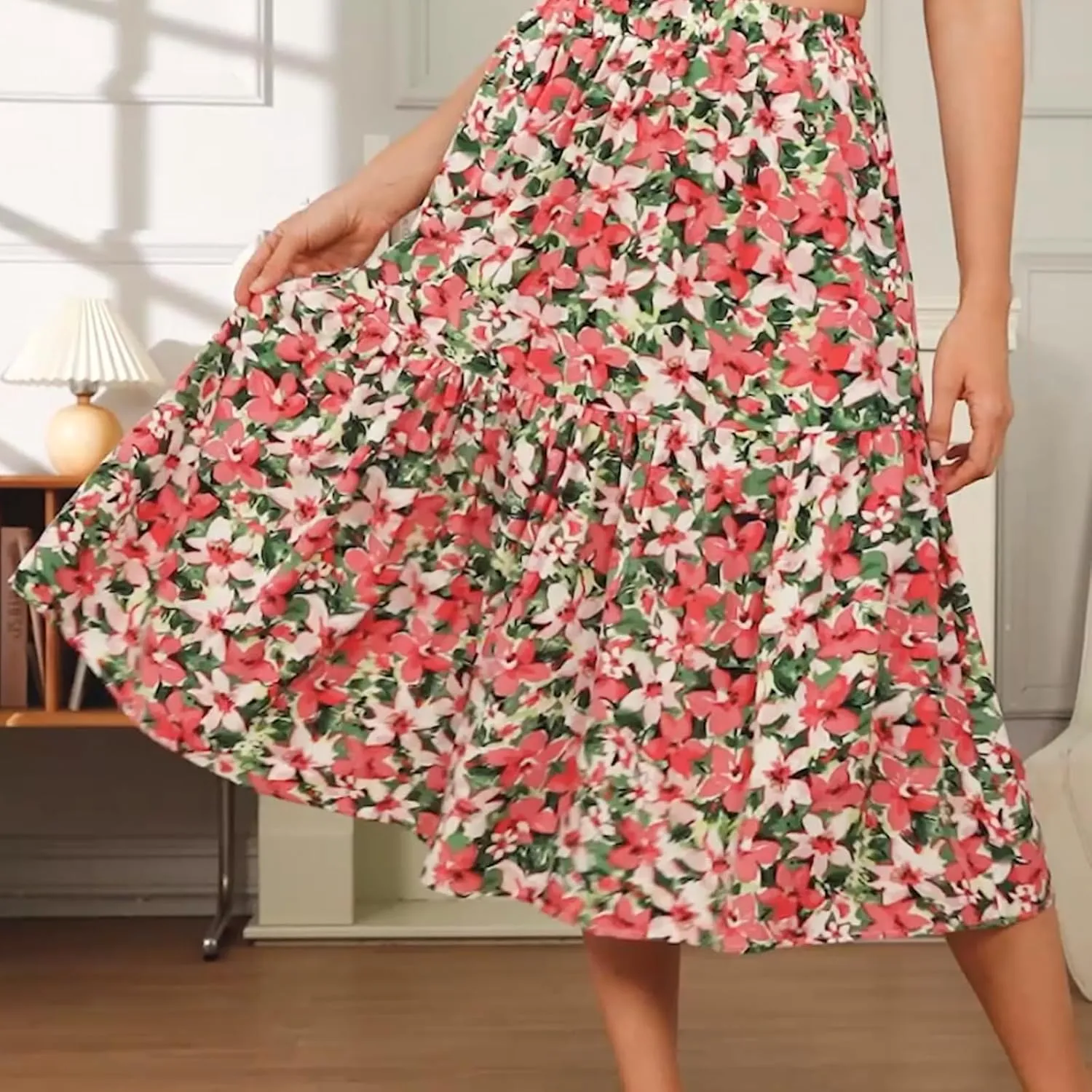 Women's Printed Skirt with Elastic Waist Broken Pleated Skirt with Pockets in Spring Summer and Autumn