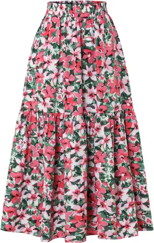 Women's Printed Skirt with Elastic Waist Broken Pleated Skirt with Pockets in Spring Summer and Autumn