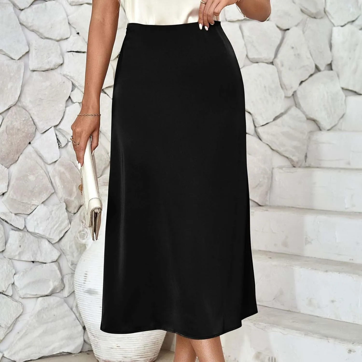 Women's Satin Casual Midi Skirt, Lightweight High Waisted Loose Clothes Elegant Comfy Business Office Skirts