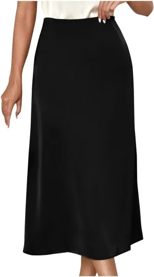 Women's Satin Casual Midi Skirt, Lightweight High Waisted Loose Clothes Elegant Comfy Business Office Skirts