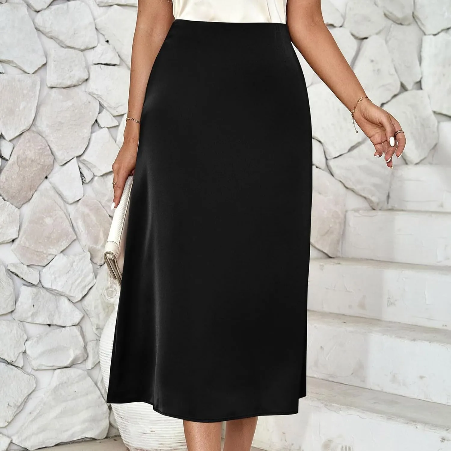 Women's Satin Casual Midi Skirt, Lightweight High Waisted Loose Clothes Elegant Comfy Business Office Skirts