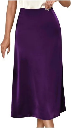 Women's Satin Casual Midi Skirt, Lightweight High Waisted Loose Clothes Elegant Comfy Business Office Skirts