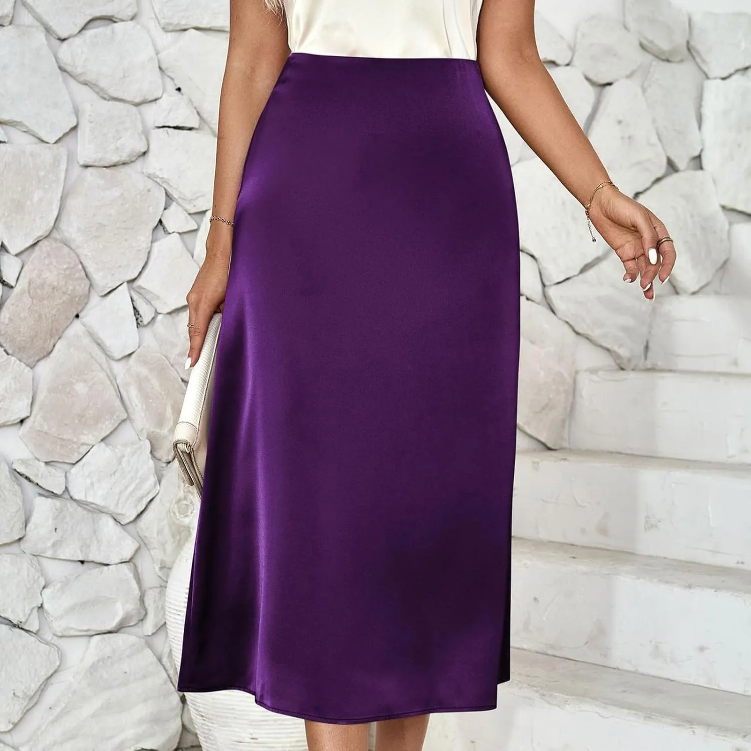 Women's Satin Casual Midi Skirt, Lightweight High Waisted Loose Clothes Elegant Comfy Business Office Skirts