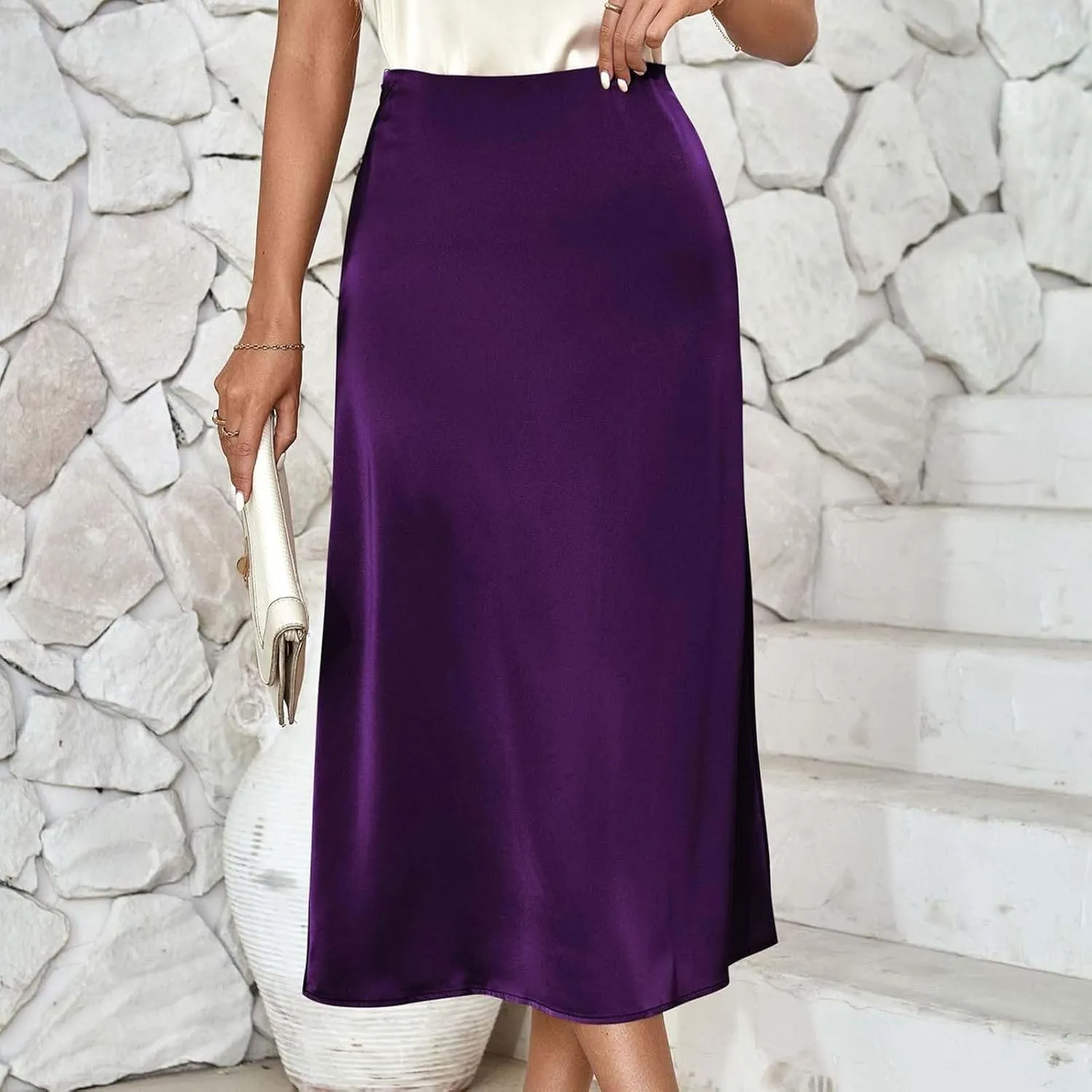Women's Satin Casual Midi Skirt, Lightweight High Waisted Loose Clothes Elegant Comfy Business Office Skirts