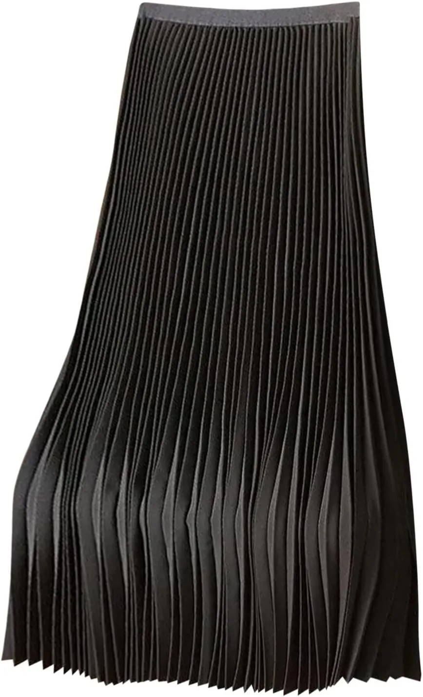 Women's Satin Pleated Skirt Elastic Waist Solid Color Maxi Skirts Plus Size Loose Elegant Long Skirt Casual Skirt