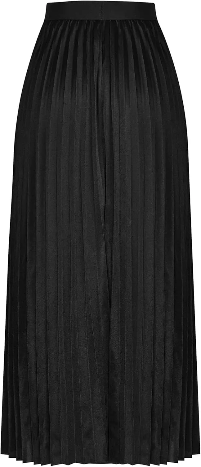 Women's Satin Pleated Skirt Elastic Waist Solid Color Maxi Skirts Plus Size Loose Elegant Long Skirt Casual Skirt
