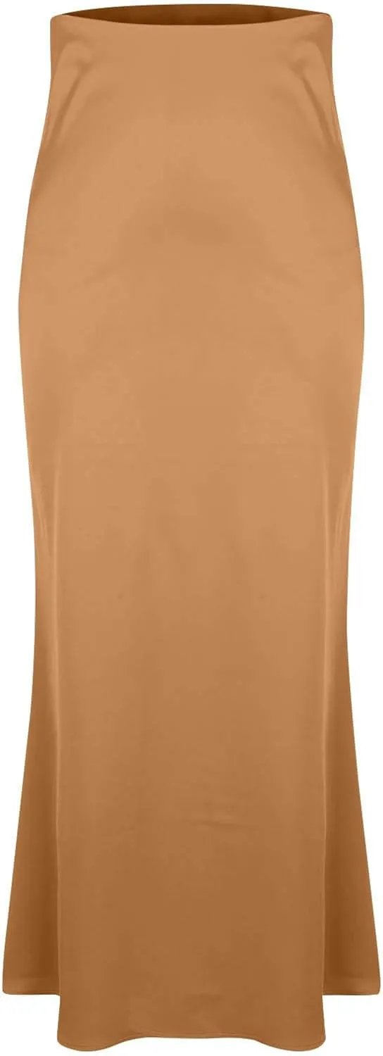 Womens Satin Silk Long Skirt 2025 Fashion Elegant Cocktail Party Flared Skirts Solid Color Casual High Waist Skirt