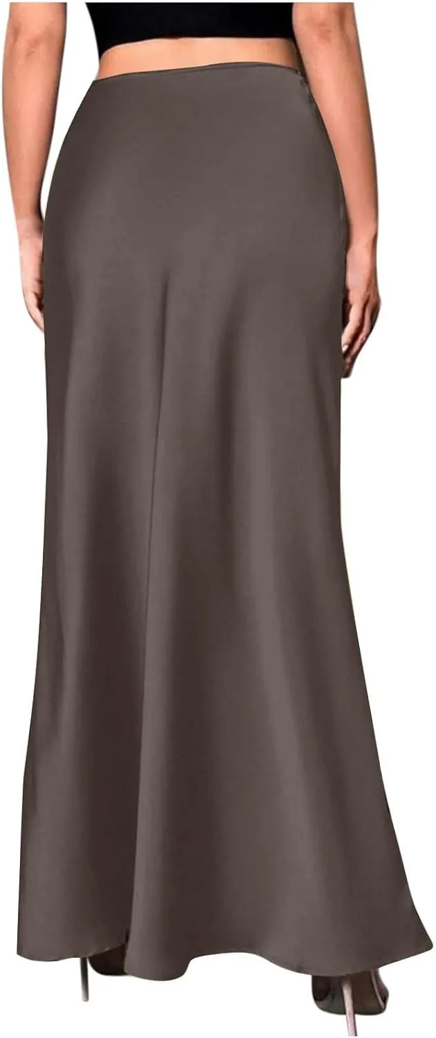 Womens Satin Silk Long Skirt 2025 Fashion Elegant Cocktail Party Flared Skirts Solid Color Casual High Waist Skirt