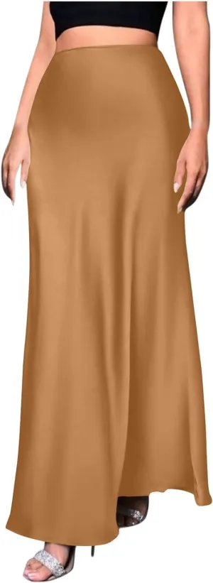 Womens Satin Silk Long Skirt 2025 Fashion Elegant Cocktail Party Flared Skirts Solid Color Casual High Waist Skirt