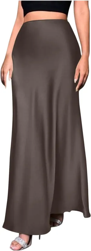 Womens Satin Silk Long Skirt 2025 Fashion Elegant Cocktail Party Flared Skirts Solid Color Casual High Waist Skirt