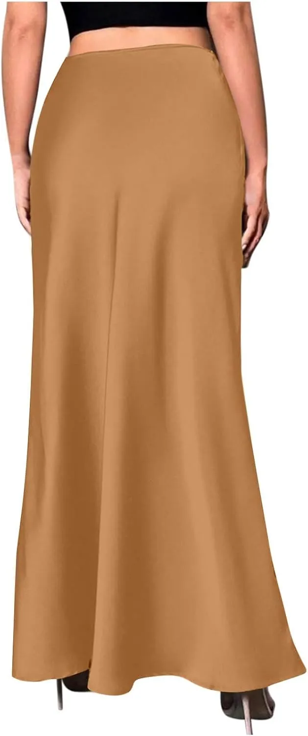 Womens Satin Silk Long Skirt 2025 Fashion Elegant Cocktail Party Flared Skirts Solid Color Casual High Waist Skirt