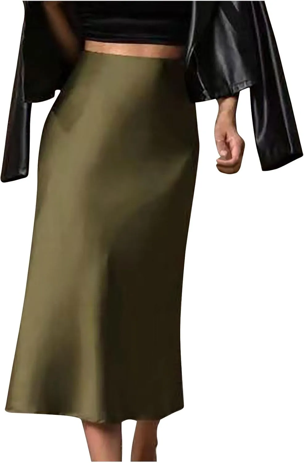 Womens Satin Skirts Business Casual Silk Midi Skirt High Waisted Long Skirts Solid Color Elegant Pencil Work Skirts