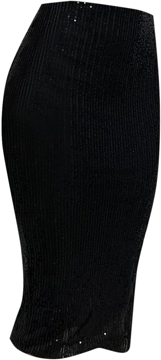 Women's Sequin Skirt Midi High Waist Elegant Stretchy Sparkle Side Slit Pencil Skirt Party Cocktail Bodycon Skirts