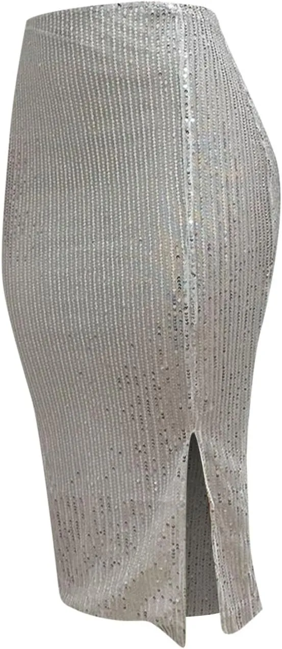 Women's Sequin Skirt Midi High Waist Elegant Stretchy Sparkle Side Slit Pencil Skirt Party Cocktail Bodycon Skirts