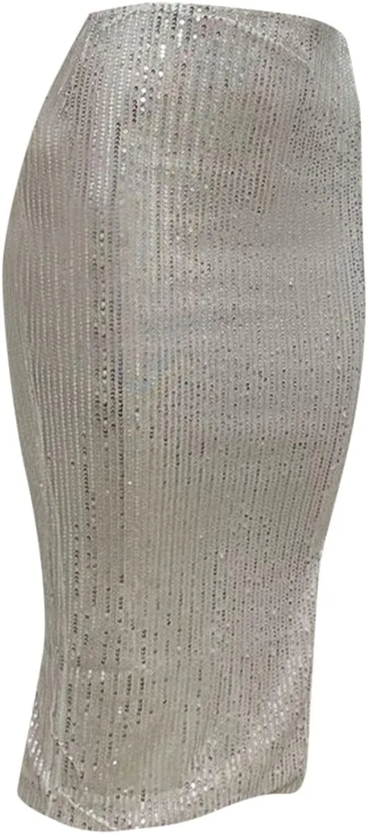 Women's Sequin Skirt Midi High Waist Elegant Stretchy Sparkle Side Slit Pencil Skirt Party Cocktail Bodycon Skirts