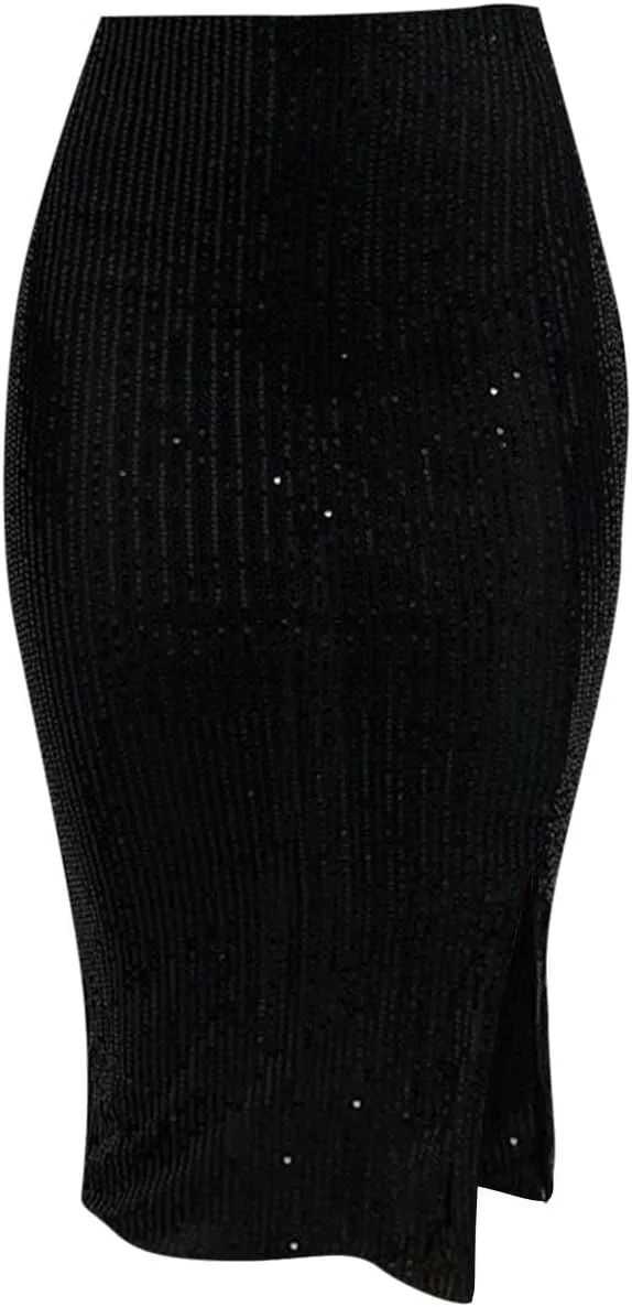 Women's Sequin Skirt Midi High Waist Elegant Stretchy Sparkle Side Slit Pencil Skirt Party Cocktail Bodycon Skirts