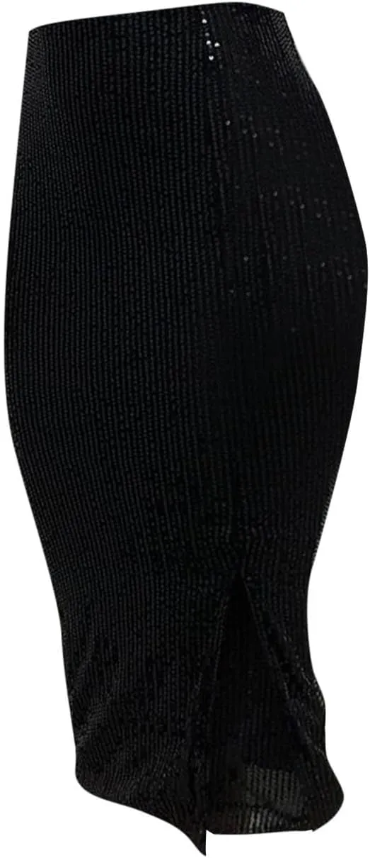 Women's Sequin Skirt Midi High Waist Elegant Stretchy Sparkle Side Slit Pencil Skirt Party Cocktail Bodycon Skirts