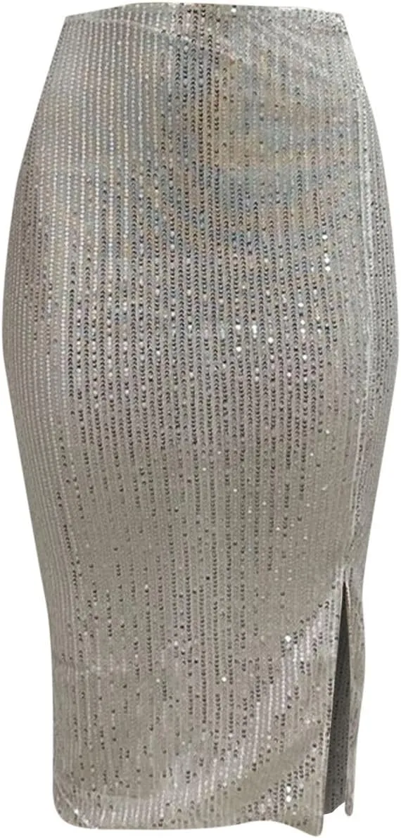 Women's Sequin Skirt Midi High Waist Elegant Stretchy Sparkle Side Slit Pencil Skirt Party Cocktail Bodycon Skirts