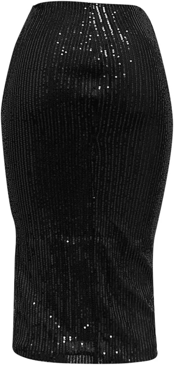 Women's Sequin Skirt Midi High Waist Elegant Stretchy Sparkle Side Slit Pencil Skirt Party Cocktail Bodycon Skirts