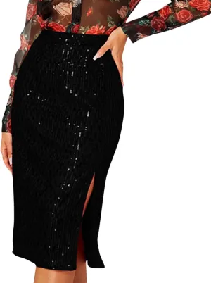 Women's Sequin Skirt Midi High Waist Elegant Stretchy Sparkle Side Slit Pencil Skirt Party Cocktail Bodycon Skirts