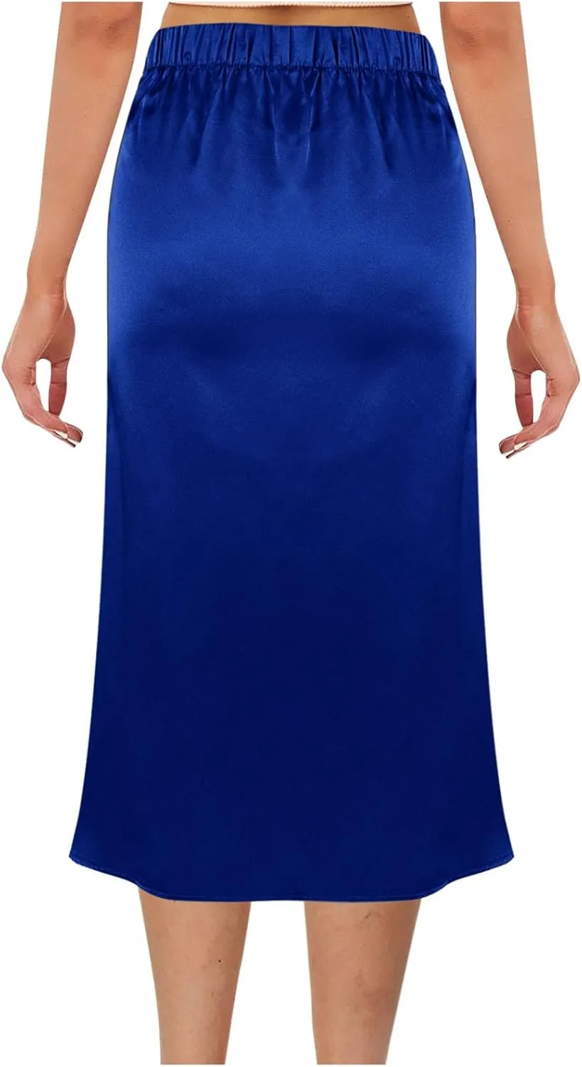 Womens Silk Midi Skirts Summer High Waisted A Line Satin Mermaid Skirt Elegant Work Skirt
