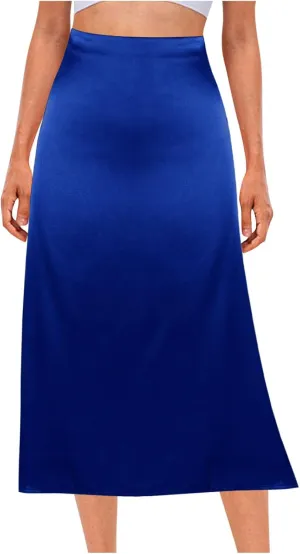Womens Silk Midi Skirts Summer High Waisted A Line Satin Mermaid Skirt Elegant Work Skirt