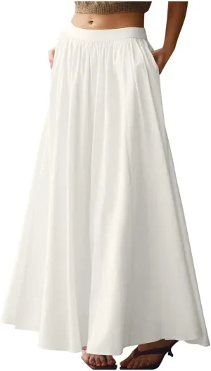 Women's Solid Color Skirts Summer Elegant High Waist Formal Maxi Skorts Casual Fashion Prom Homecoming Swing Skirt
