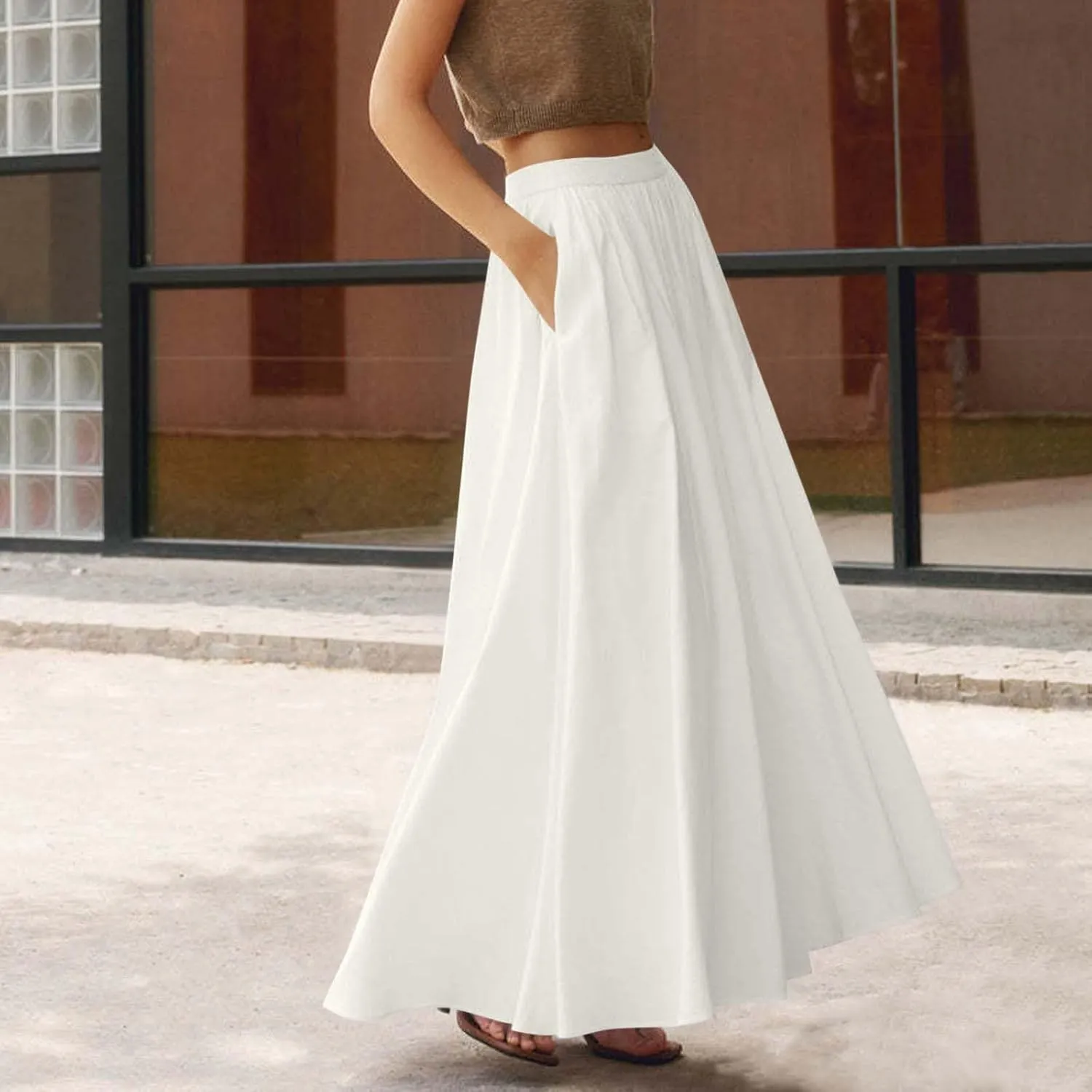 Women's Solid Color Skirts Summer Elegant High Waist Formal Maxi Skorts Casual Fashion Prom Homecoming Swing Skirt