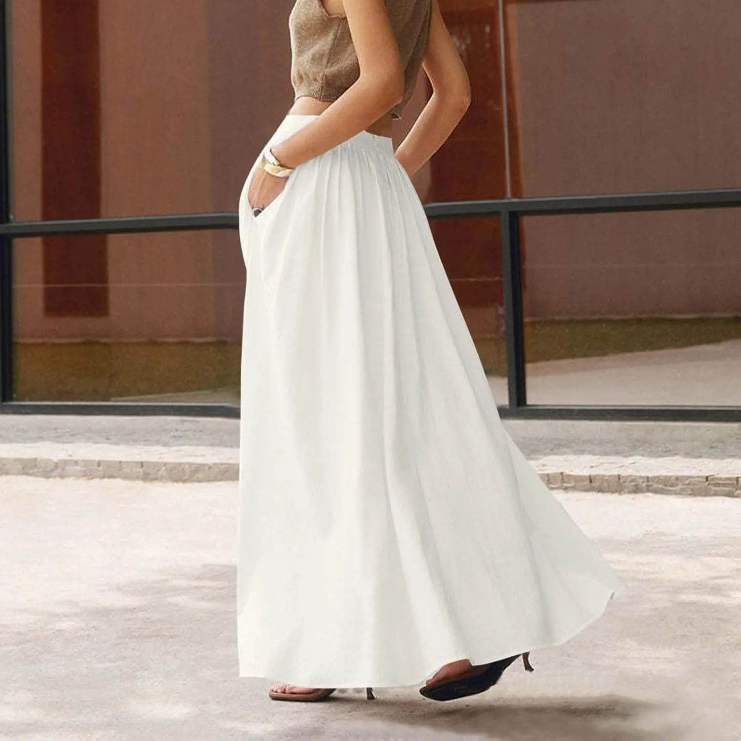 Women's Solid Color Skirts Summer Elegant High Waist Formal Maxi Skorts Casual Fashion Prom Homecoming Swing Skirt