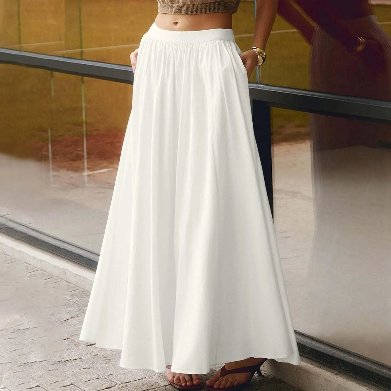 Women's Solid Color Skirts Summer Elegant High Waist Formal Maxi Skorts Casual Fashion Prom Homecoming Swing Skirt