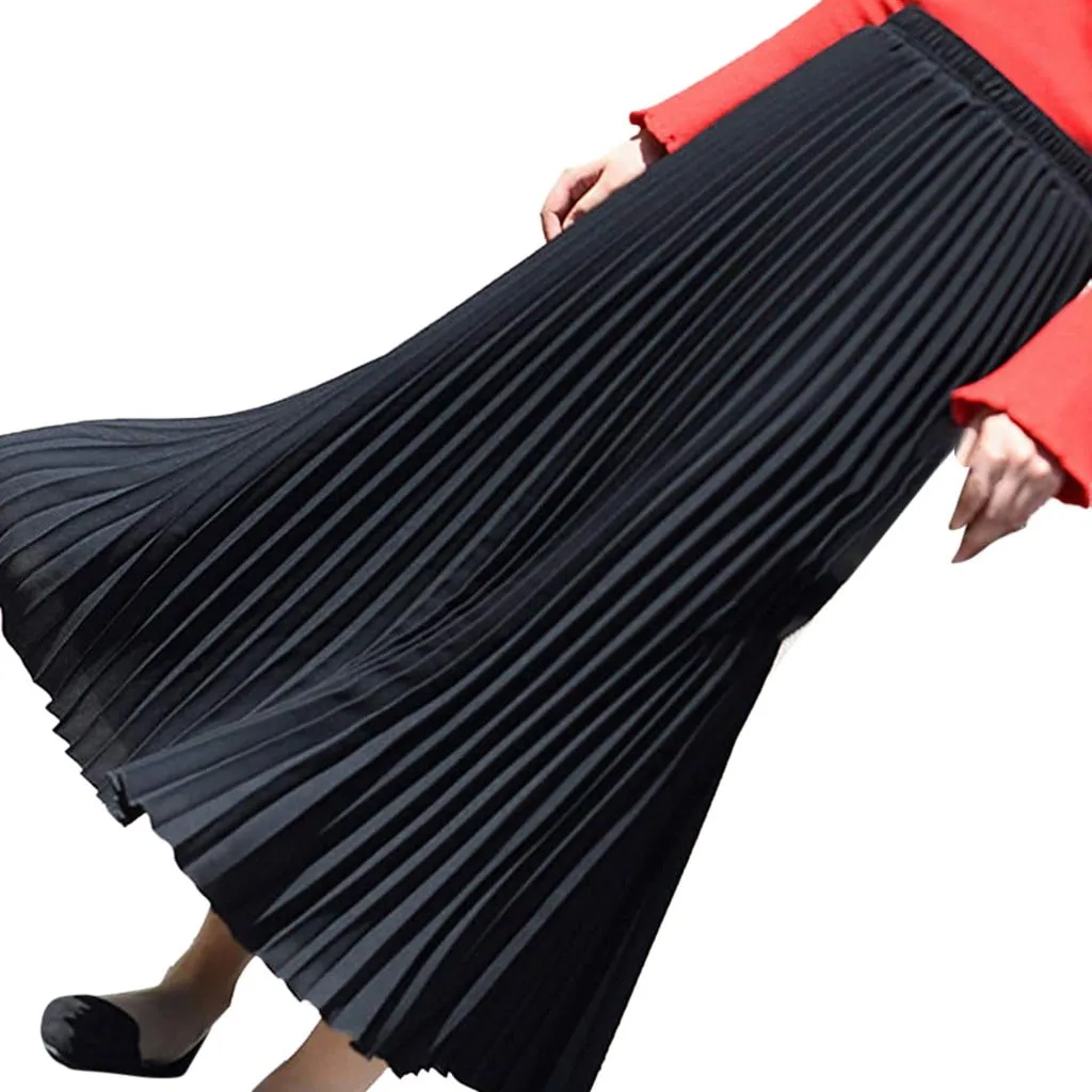 Womens Solid Pleated Elegant Midi Elastic Waist Maxi Skirt