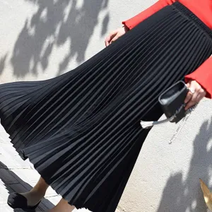 Womens Solid Pleated Elegant Midi Elastic Waist Maxi Skirt
