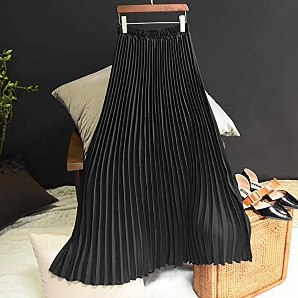 Womens Solid Pleated Elegant Midi Elastic Waist Maxi Skirt