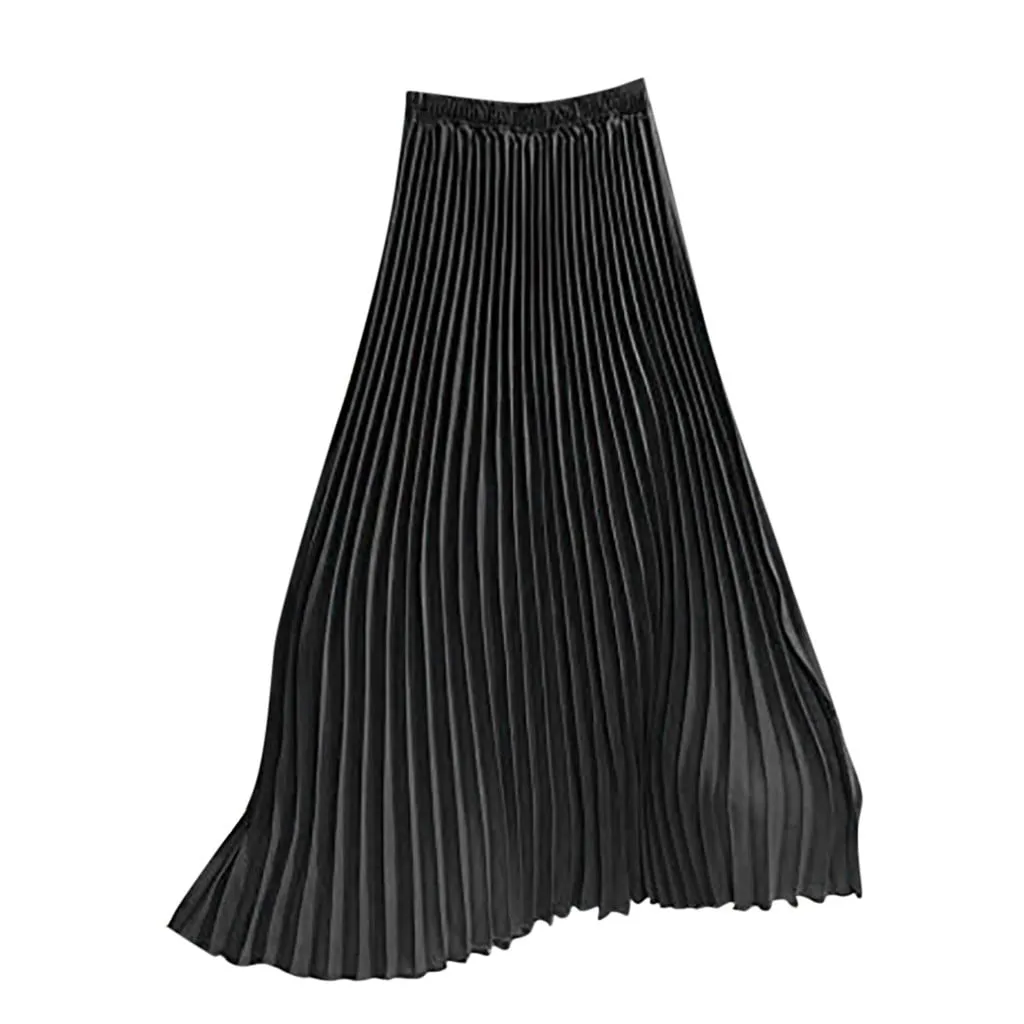 Womens Solid Pleated Elegant Midi Elastic Waist Maxi Skirt