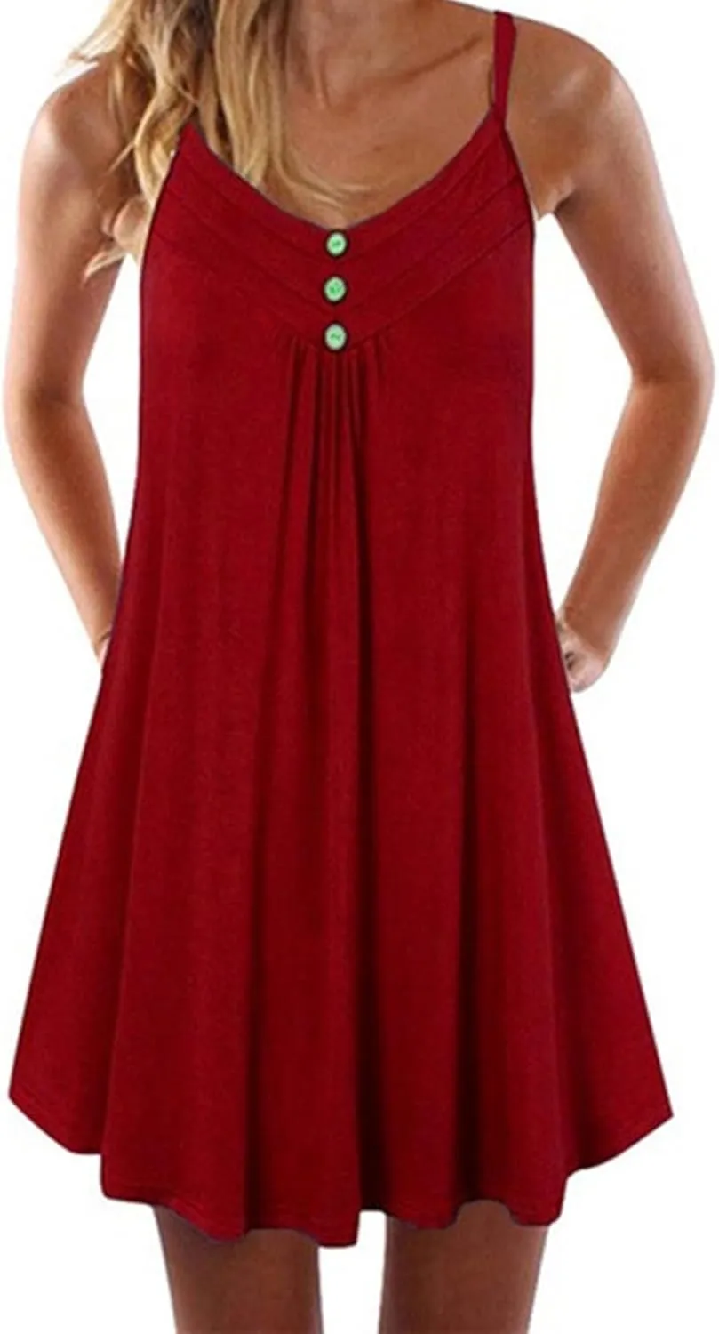 Womens Spaghetti Strap Button Front Mini Dress Casual Sleeveless Flowy A Line Sundress for Summer Vacation 2025