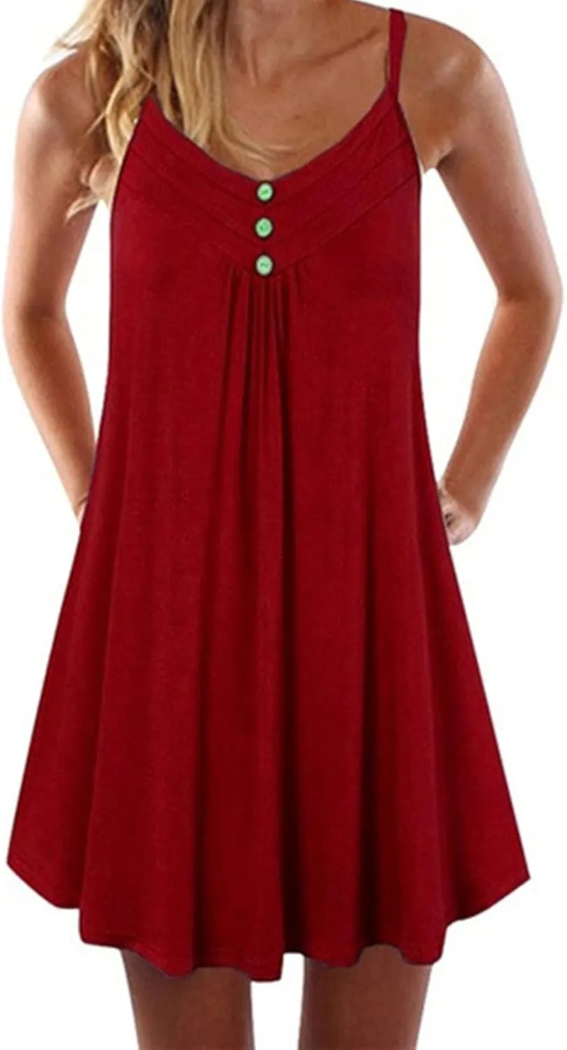 Womens Spaghetti Strap Button Front Mini Dress Casual Sleeveless Flowy A Line Sundress for Summer Vacation 2025