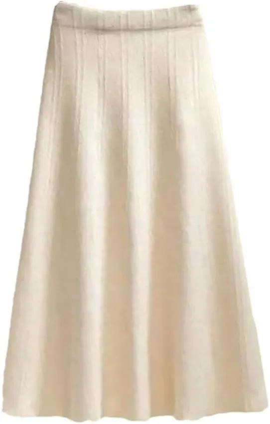 Women's Thickened Knitted Skirt Elastic Waist Solid Color A-Line Pleated Casual Midi Skirts
