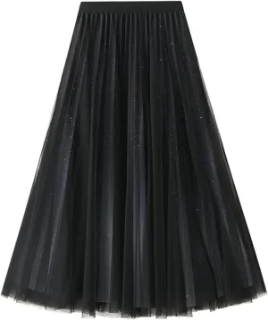 Women's Tulle Skirt Gradient Color Ruffles Pleated Midi Skirts Elastic Waist Maxi Skirt