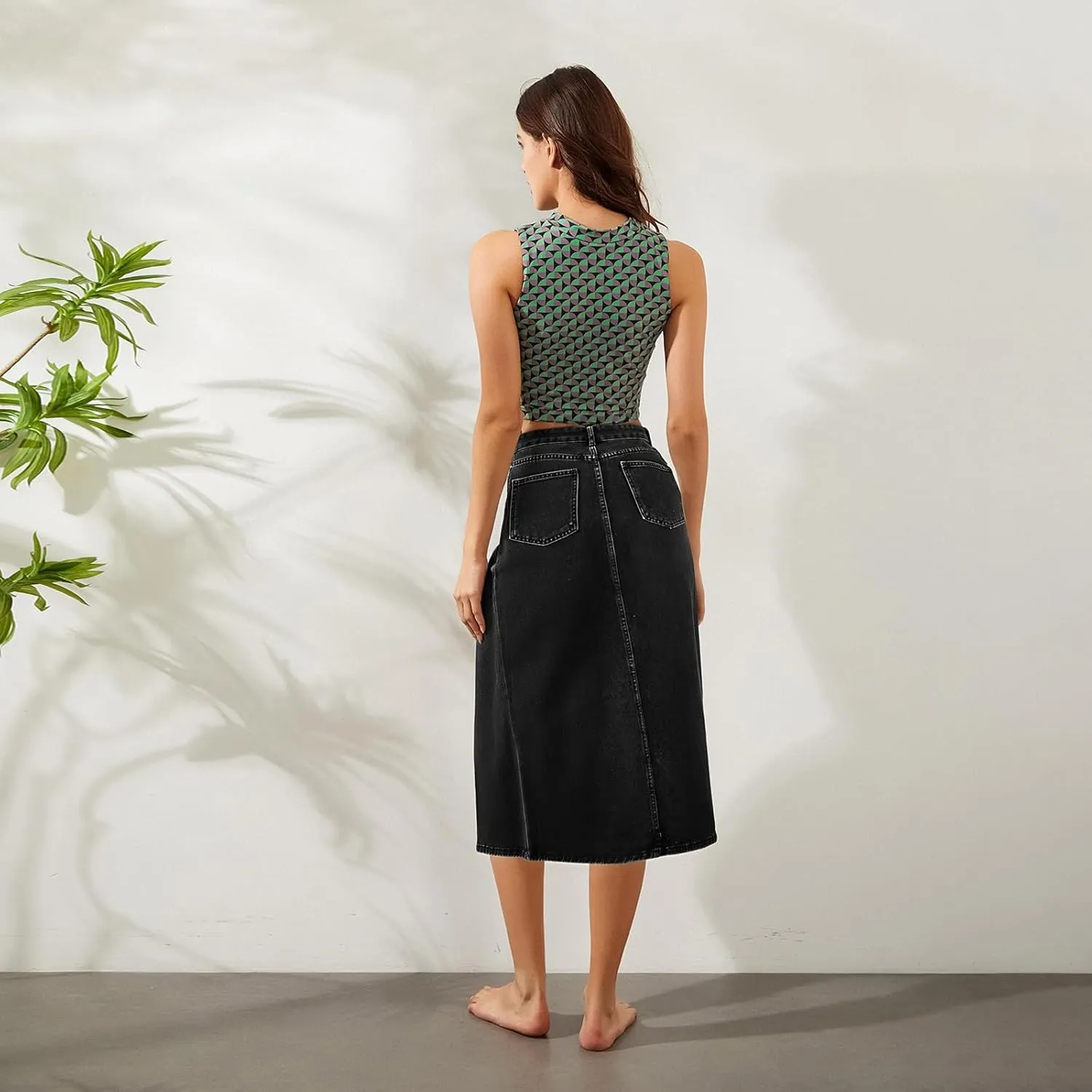 Women's Y2k Denim Midi Skirts Elegant Vintage High Waist Frayed Split A-Line Long Jean Skirts with Pockets