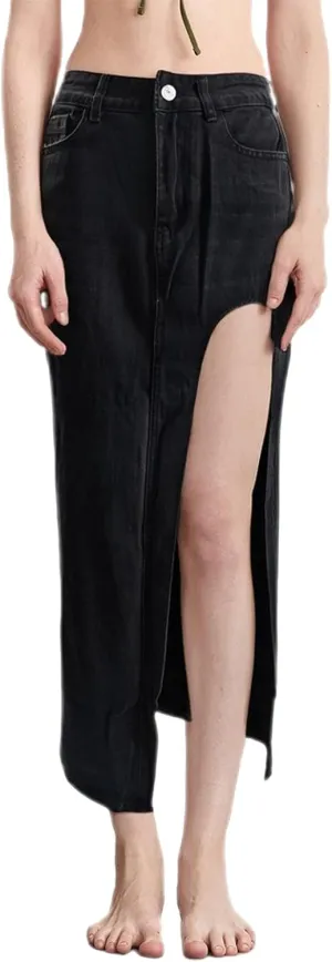 Women's Y2k Denim Midi Skirts Elegant Vintage High Waist Frayed Split A-Line Long Jean Skirts with Pockets