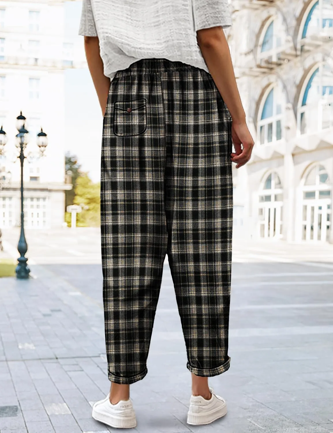 YESNO Women's Casual Straight Leg Pants Fall Drawstring Elastic High Waist Woolen Tapered Trousers with Pockets PWT