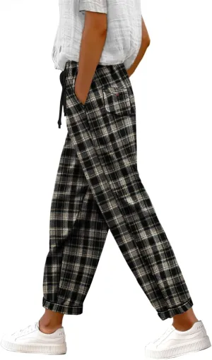 YESNO Women's Casual Straight Leg Pants Fall Drawstring Elastic High Waist Woolen Tapered Trousers with Pockets PWT