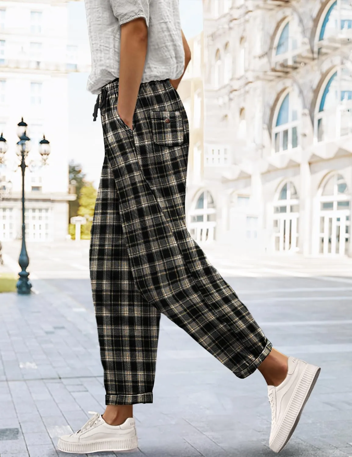 YESNO Women's Casual Straight Leg Pants Fall Drawstring Elastic High Waist Woolen Tapered Trousers with Pockets PWT