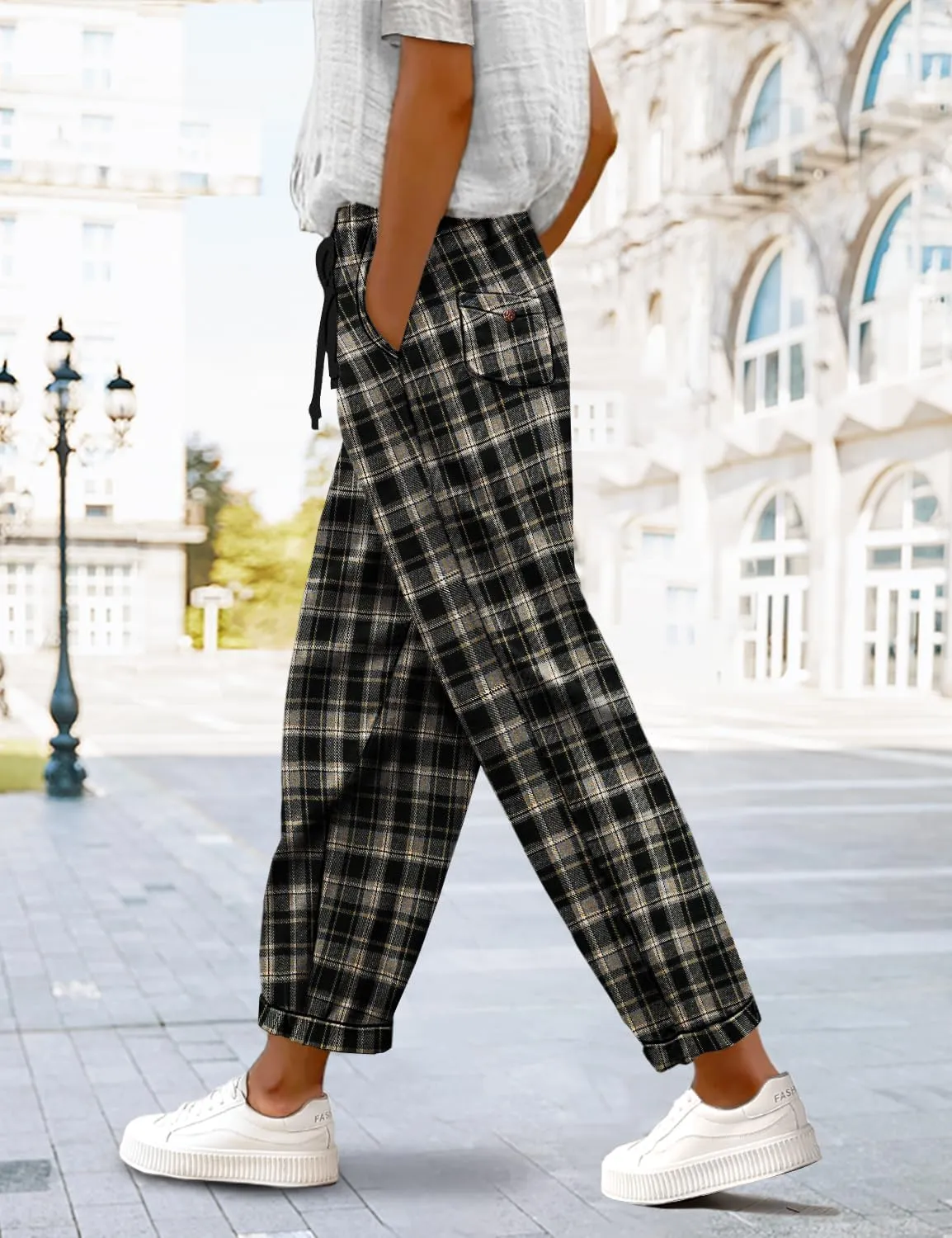 YESNO Women's Casual Straight Leg Pants Fall Drawstring Elastic High Waist Woolen Tapered Trousers with Pockets PWT
